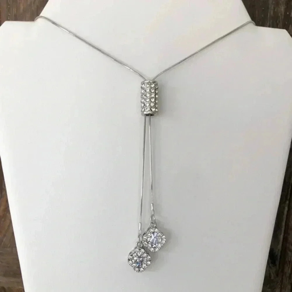Lariat Necklace Big Sparkling Cylinder Silver NWT